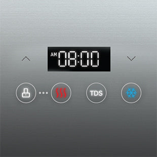 A digital control panel displaying AM 08:00 with five buttons below: a lock symbol, three red heat waves, TDS, and a blue snowflake, all on a metallic background.